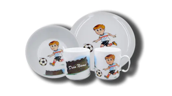 Namenstasse/Schale/Teller Porzellan - Fussballer 3er-Set Namenstasse/Schale/Teller Porzellan - Fussballer 3er-Set