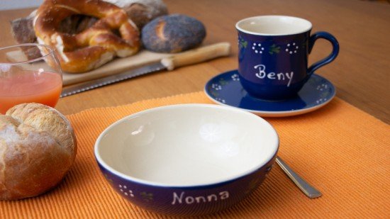 Namenstasse/Unterteller/Schale - Bunzlau blau 3er-Set