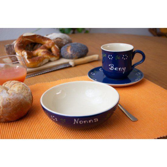 Named mug/Saucer/Bowl- Bunzlau blue Set of 3