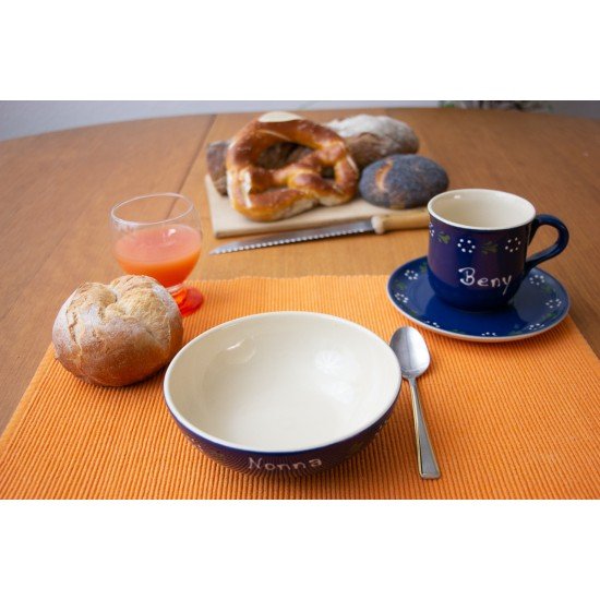 Named mug/Saucer/Bowl- Bunzlau blue Set of 3