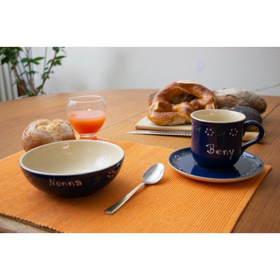 Named mug/Saucer/Bowl- Bunzlau blue Set of 3