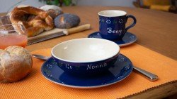 Namenstasse/Unterteller/Frühstücksteller/Schale - Bunzlau blau 4er-Set