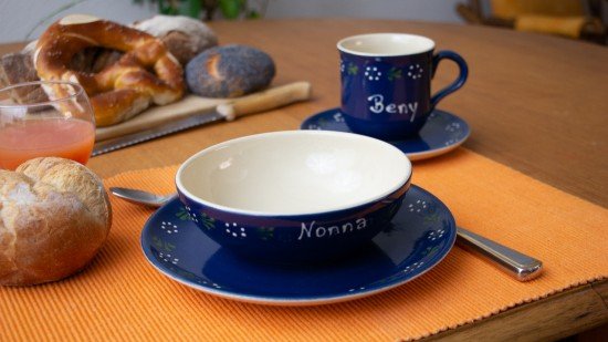 Namenstasse/Unterteller/Frühstücksteller/Schale - Bunzlau blau 4er-Set