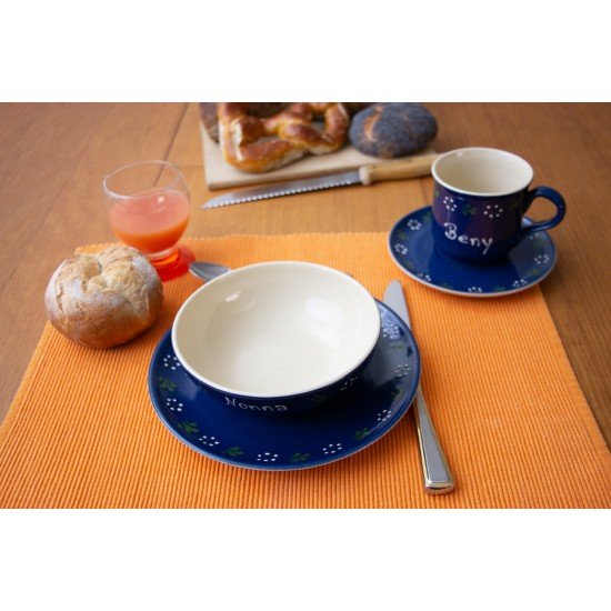 Named Mug/Saucer/Breakfast plate/Bowl - Bunzlau blue Set of 4