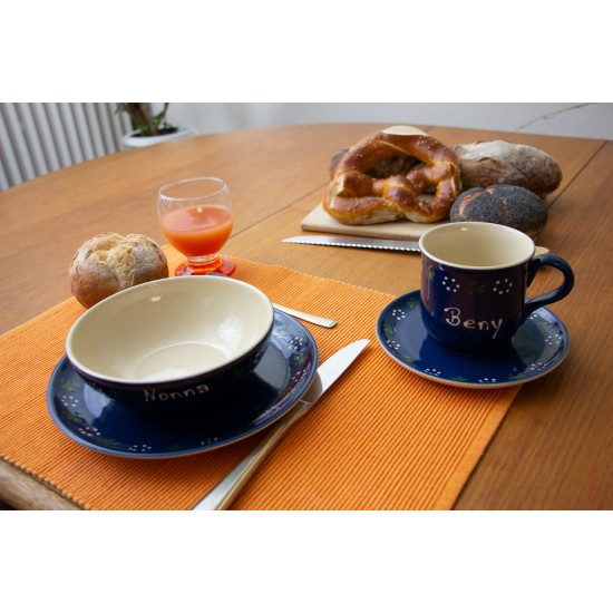 Named Mug/Saucer/Breakfast plate/Bowl - Bunzlau blue Set of 4