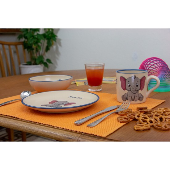 Named childre cup & Breakfast plate & Bowl - Elephant Set of 3