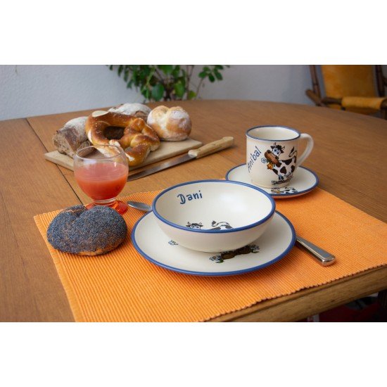Named Mug/Saucer/Breakfast plate/Bowl - Cow Set of 4