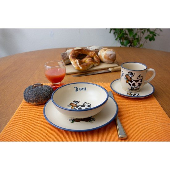 Named Mug/Saucer/Breakfast plate/Bowl - Cow Set of 4