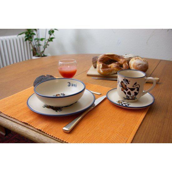 Named Mug/Saucer/Breakfast plate/Bowl - Cow Set of 4