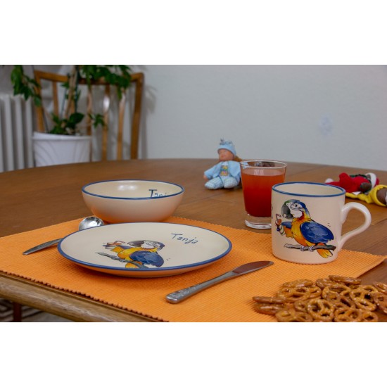 Named childre cup & Breakfast plate & Bowl - Parrot Set of 3