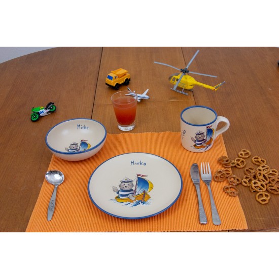 Named childre cup & Breakfast plate & Bowl - Seal Captain Set of 3