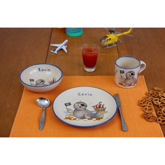 Named childre cup & Breakfast plate & Bowl - Seal Pirate Set of 3 Named childre cup & Breakfast plate & Bowl - Seal Pirate Set of 3