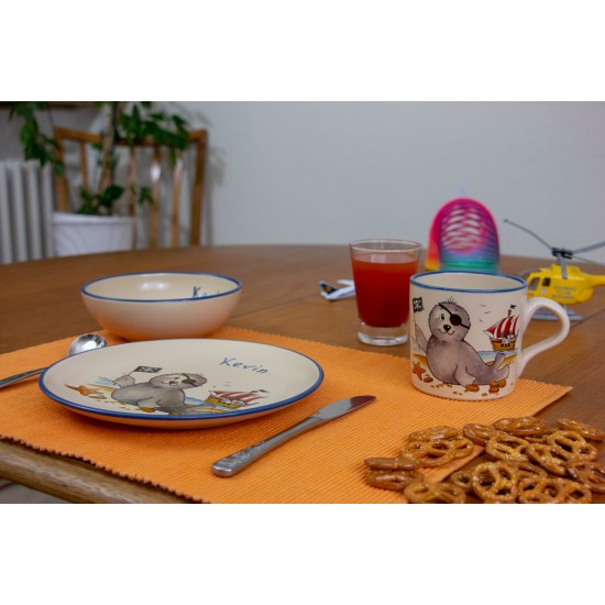 Named childre cup & Breakfast plate & Bowl - Seal Pirate Set of 3