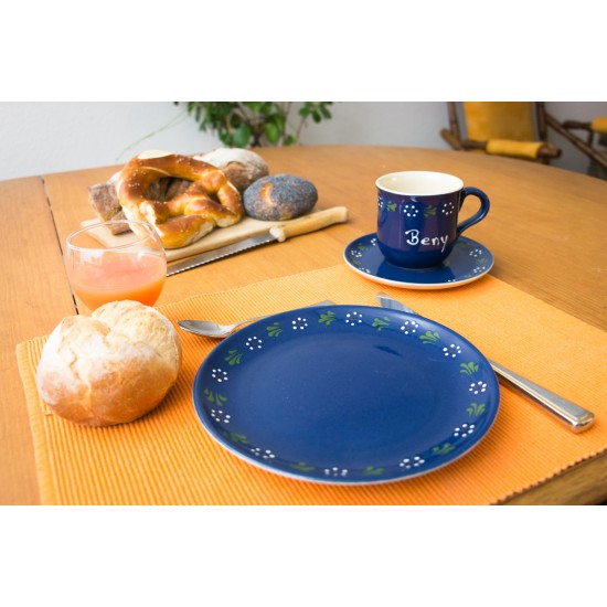 Named mug/Saucer/Breakfast plate - Bunzlau blue Set of 3
