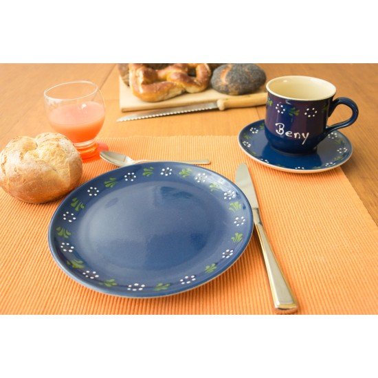 Named mug/Saucer/Breakfast plate - Bunzlau blue Set of 3
