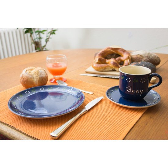 Named mug/Saucer/Breakfast plate - Bunzlau blue Set of 3