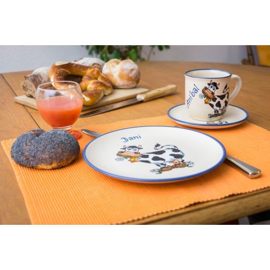 Named mug/Saucer/Brakfast plate - cow set of 3